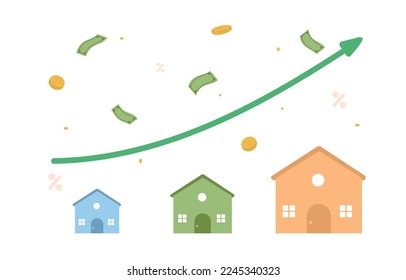 Property search concept. House price rising up, real estate investment or property growth concept, House with arrow graph up.