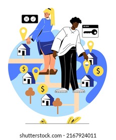 Property search concept. Man and girl evaluates houses and real estate in area. Financial literacy and budget, analytical company. Consultants and assistants. Cartoon flat vector illustration