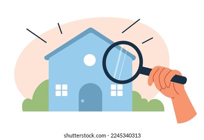 Property search concept. People find rent house or building for dwelling. Choose between building for living. Flat vector illustration