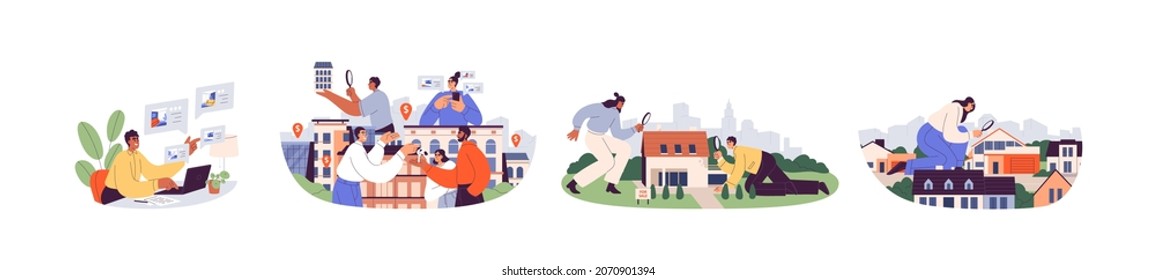 Property search concept. People and real estate agents choosing, finding and inspecting realty, houses and apartments for buying and renting. Flat vector illustrations isolated on white background