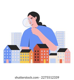 Property search concept. Vector illustration of woman choosing, finding and inspecting houses and apartments for buying and renting. Female characted with magnifying glass looking at houses