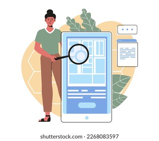 Property search concept. Young female realtor holding magnifying glass looking for houses and apartments to buy on digital map on smartphone screen. Mortgage or rent. Cartoon flat vector illustration