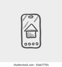 Immobiliensuche auf dem Skizzensymbol für mobile Geräte für Web-, Mobil- und Infografiken. Hand gezeichnete, dunkelgraue Vektorsymbol einzeln auf hellgrauem Hintergrund.