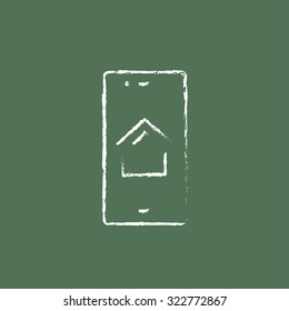 Property search on mobile device hand drawn in chalk on a blackboard vector white icon isolated on a green background.