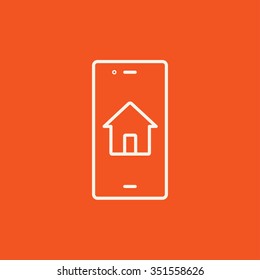 Immobiliensuche auf dem mobilen Endgerät-Symbol für Web-, Mobil- und Infografiken. Vektorweißes Symbol einzeln auf rotem Hintergrund.