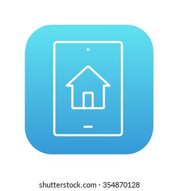 Búsqueda de propiedades en el icono de línea de dispositivo móvil para web, móvil e infografías. Icono de blanco vector en el cuadrado de gradiente azul con esquinas redondeadas aisladas en fondo blanco.