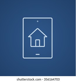 Property search on mobile device line icon for web, mobile and infographics. Vector light blue icon isolated on blue background.