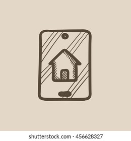 Búsqueda de propiedades en el icono de esbozo vectorial de dispositivo móvil aislado en segundo plano. Búsqueda de propiedades dibujada a mano en el icono del dispositivo móvil. Icono de esbozo de búsqueda de propiedades para infografía, sitio web o aplicación.