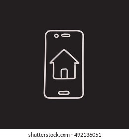 Property search on mobile device vector sketch icon isolated on background. Hand drawn Property search on mobile device icon. Property search sketch icon for infographic, website or app.