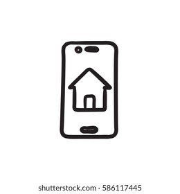 Búsqueda de propiedades en el icono de esbozo vectorial de dispositivo móvil aislado en segundo plano. Búsqueda de propiedades dibujada a mano en el icono del dispositivo móvil. Icono de esbozo de búsqueda de propiedades para infografía, sitio web o aplicación.