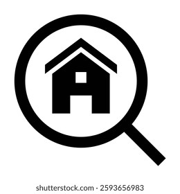 property search solid icon, representing real estate, home buying, house hunting, property listing.