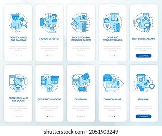 Property security blue onboarding mobile app page screen set. Protection system walkthrough 5 steps graphic instructions with concepts. UI, UX, GUI vector template with linear color illustrations