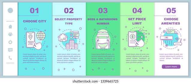 Property select onboarding mobile web pages vector template. Housing reservation. Responsive smartphone website interface idea with linear illustrations. Webpage walkthrough step screen. Color concept