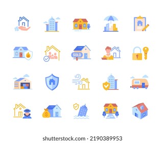 Property set of colorful icons. Bright stickers with houses, apartments and warehouses. Real estate insurance. Design for social networks. Cartoon flat vector collection isolated on white background
