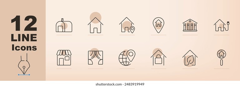 Property set icon. House, pin, real estate office, store, theater, globe, location, government building, eco house, search, neighborhood, building, home search, property, address, location services