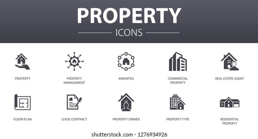 property simple concept icons set. Contains such icons as property type, amenities, lease contract, floor plan and more, can be used for web, logo, UI/UX