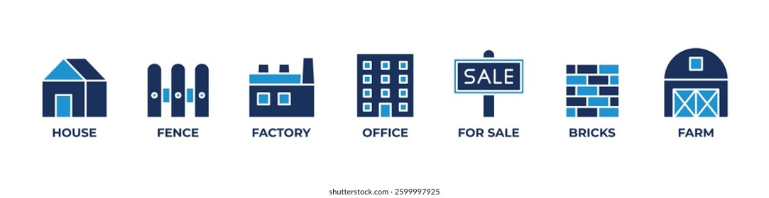 Property Solutions Icons set vector illustration blue with HOUSE, FENCE, FACTORY, OFFICE, FOR SALE, BRICKS, FARM