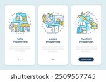 Property status onboarding mobile app screen. Real estate walkthrough 3 steps editable graphic instructions with linear concepts. UI, UX, GUI template