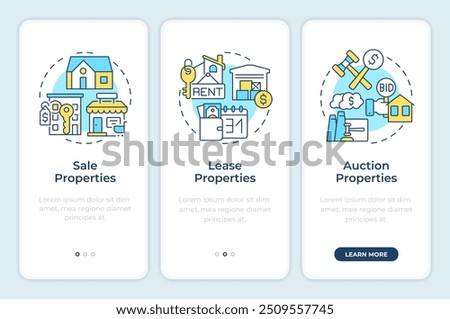 Property status onboarding mobile app screen. Real estate walkthrough 3 steps editable graphic instructions with linear concepts. UI, UX, GUI template