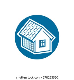 Property symbol, vector house constructed with bricks. Real estate agency theme. Round sign with home illustration.