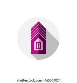 Property symbol, vector house constructed with bricks. Real estate agency theme. Round sign with home illustration.