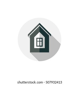 Property symbol, vector house constructed with bricks. Real estate agency theme. Round sign with home illustration.
