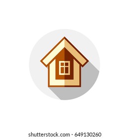 Property symbol, vector house constructed with bricks. Real estate agency theme. Round sign with home illustration.