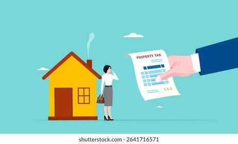 property tax, business tax in the property sector, real estate or property tax appraisal, business woman standing with his property receiving a piece of tax bill paper