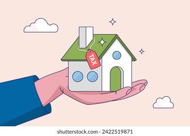 Property tax concept. Real estate or housing payment, money or bills to pay for government, businessman hand holding house with the price tags showing property tax with dollar signs to pay for.