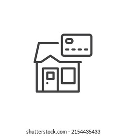 Property Tax Payment Line Icon. Linear Style Sign For Mobile Concept And Web Design. Credit Card And House Outline Vector Icon. Symbol, Logo Illustration. Vector Graphics