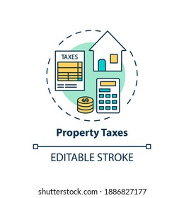 Property Taxes Concept Icon. Mortgage Payment Element Idea Thin Line Illustration. Borrowers Monthly Mortgage Bills. Escrow Account. Vector Isolated Outline RGB Color Drawing. Editable Stroke