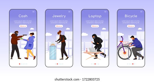 Property theft onboarding mobile app screen flat vector template. Cash, jewelry. Laptop, bicycle. Walkthrough website steps with characters. UX, UI, GUI smartphone cartoon interface, case prints set