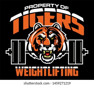 property of tigers weightlifting team design with mascot and barbell for school, college or league