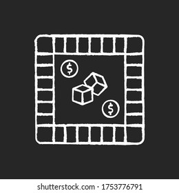 Property trading game chalk white icon on black background. Traditional board game, family party recreational activity. Competitive economic play with dice. Isolated vector chalkboard illustration
