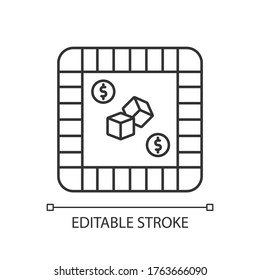 Property trading game pixel perfect linear icon. Traditional board game, family party recreation thin line customizable illustration. Contour symbol. Vector isolated outline drawing. Editable stroke