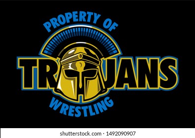 property of trojans wrestling team design with mascot helmet for school, college or league