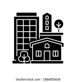 Property Type Black Glyph Icon. Office Building In Downtown. Residential House For Dwelling. Highrise In Neighborhood. Silhouette Symbol On White Space. Vector Isolated Illustration