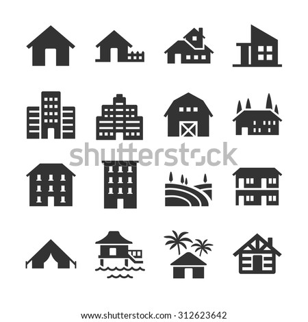 Property type icon set. Included the icons as house, farm, barn, apartment, building, real estate and more.