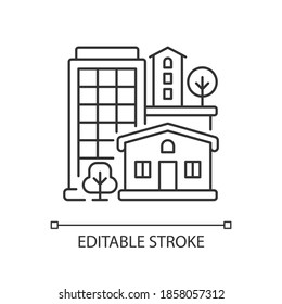 Property Type Pixel Perfect Linear Icon. Office Building In Downtown. Residential House. Thin Line Customizable Illustration. Contour Symbol. Vector Isolated Outline Drawing. Editable Stroke