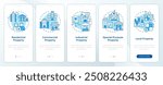Property types blue onboarding mobile app screen. Real estate walkthrough 5 steps editable graphic instructions with linear concepts. UI, UX, GUI template