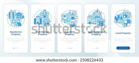Property types blue onboarding mobile app screen. Real estate walkthrough 5 steps editable graphic instructions with linear concepts. UI, UX, GUI template