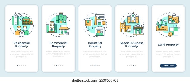 Property types onboarding mobile app screen. Real estate walkthrough 5 steps editable graphic instructions with linear concepts. UI, UX, GUI template