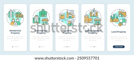 Property types onboarding mobile app screen. Real estate walkthrough 5 steps editable graphic instructions with linear concepts. UI, UX, GUI template