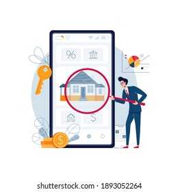 Property valuation online concept. Real estate appraiser doing property inspection. Assessment of the value of the house, home appraisal for banner, web, emailing. Flat design vector illustration
