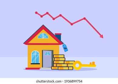 Property value vector concept: Arrow chart down of real estate with price tag and stack of coins 