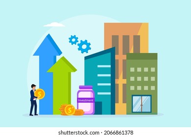 Concepto vectorial de valor de propiedad. Empresario invirtiendo dinero en propiedades inmobiliarias mientras mantiene un historial de flecha hacia arriba