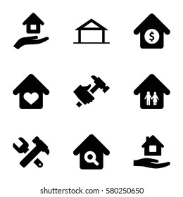property vector icons. Set of 9 property filled icons such as home, home care, hummer and wrench, hummer, house sale