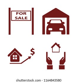 property vector icons set. with private garage, sale sign, hands house and real estate prices growth in set