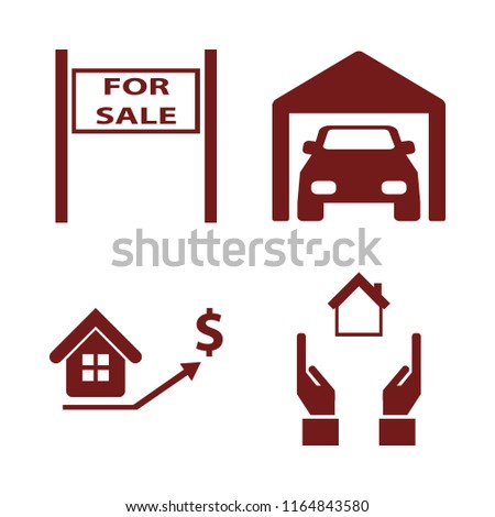 property vector icons set. with private garage, sale sign, hands house and real estate prices growth in set