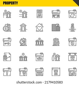 property vector line icons set. cabin, house and house Icons. Thin line design. Modern outline graphic elements, simple stroke symbols stock illustration